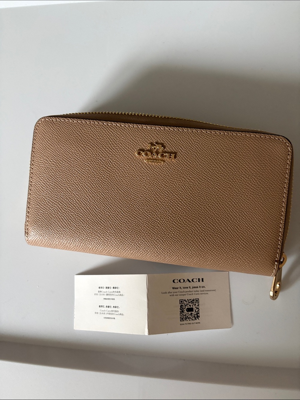 Coach Zip-Around Wallet in Pebble Tan with Gold Hardware